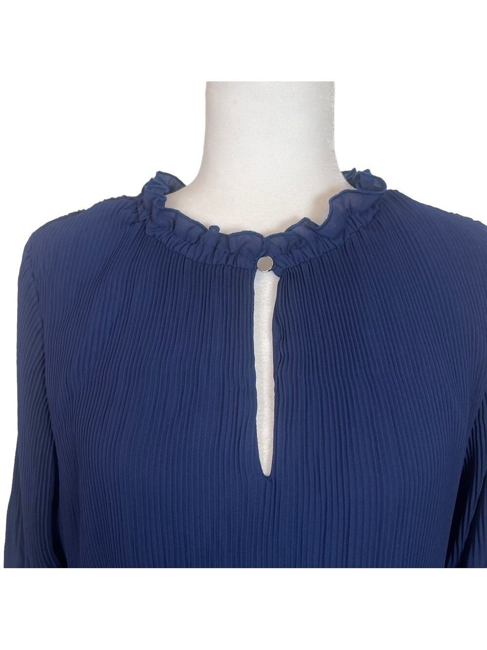 Halston Blue High Neck Keyhole Pleated Ling Sleeved Stretch MIDI Dress S… - Picture 5 of 16